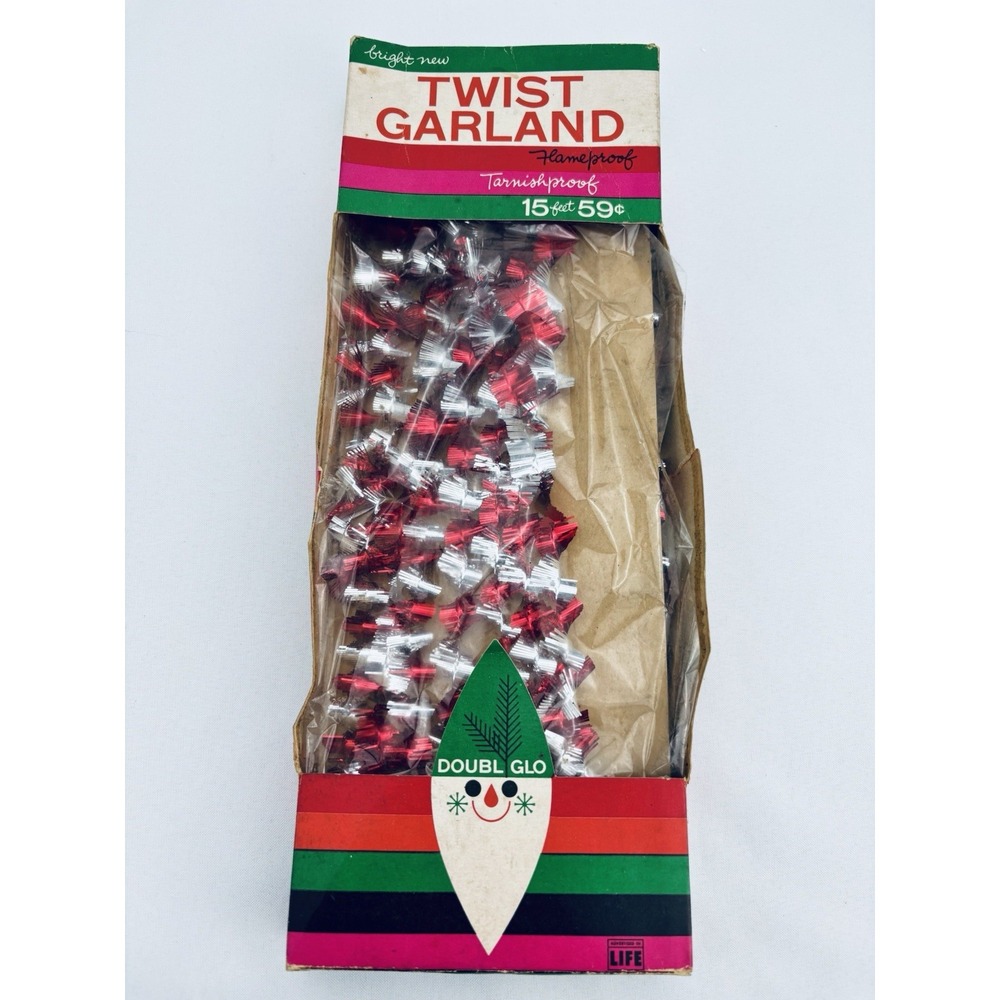 Vintage Doubl Glo Christmas Twist Garland Red Silver Mid Century Box MCM 60s